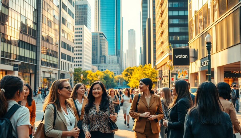 A bustling city street, bathed in warm, golden light. In the foreground, a group of women, diverse in age and ethnicity, engaged in lively discussions. They are dressed professionally, exuding confidence and purpose. In the middle ground, modern office buildings and shops line the sidewalks, their glass facades reflecting the activity below. In the background, a mix of high-rise towers and verdant parks, symbolizing the integration of work and life. The scene conveys a sense of opportunity, progress, and empowerment, showcasing the vibrant economic landscape that supports and enables women's professional aspirations.