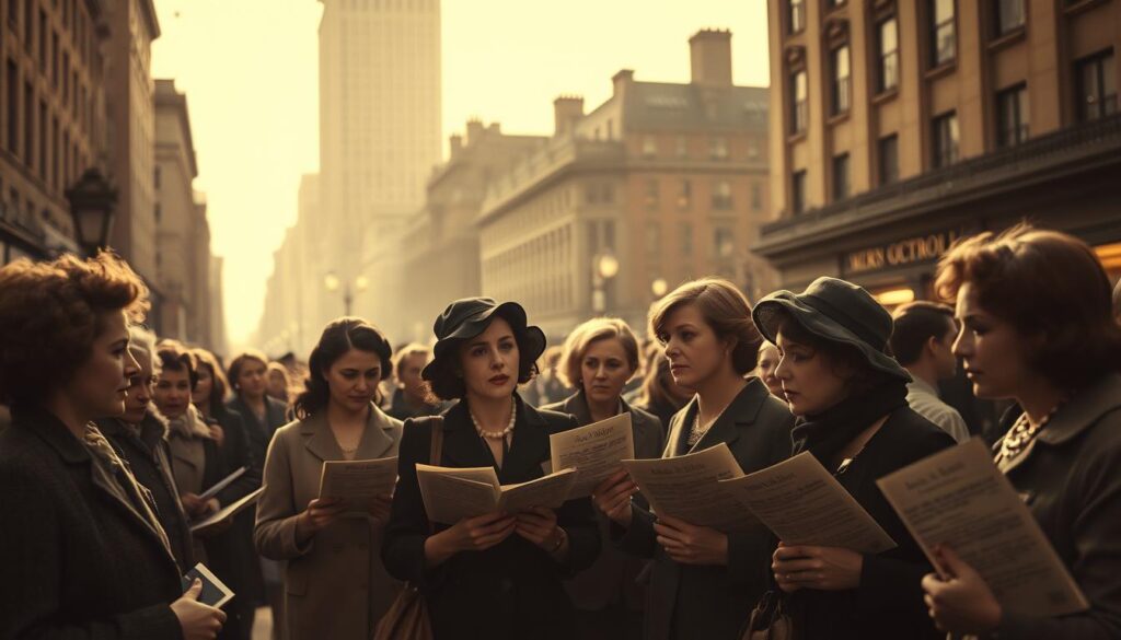 A bustling city street in the 1920s, lit by soft, warm gaslight. In the foreground, a group of determined women gather, handing out pamphlets and discussing the birth control movement. Their faces are resolute, their postures proud and defiant. In the middle ground, passersby stop to listen, some nodding in agreement, others averting their gaze. In the background, the towering silhouettes of buildings loom, a symbolic representation of the societal forces these women seek to challenge. The scene is imbued with a sense of quiet revolution, a turning point in the fight for women's personal freedom and self-determination.