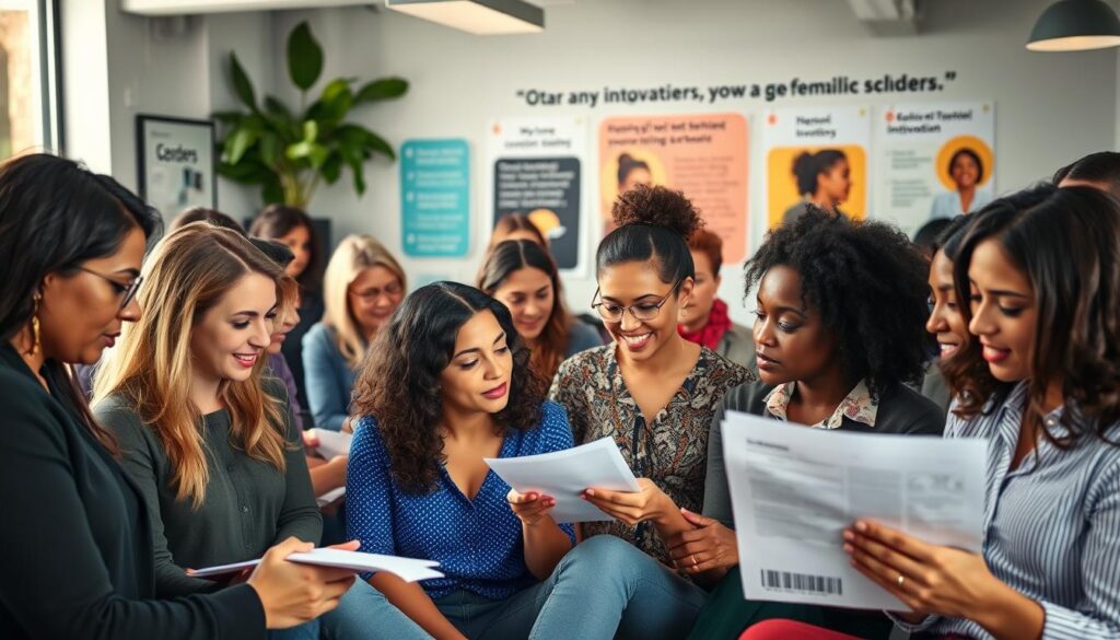 A bustling co-working space filled with vibrant, determined women entrepreneurs, each focused on their digital screens or engaged in lively discussions. Soft, natural lighting highlights their expressions of concentration and collaboration. In the foreground, a diverse group reviews financial documents, brainstorming innovative solutions to unlock funding for their ventures. The middle ground features mentors and investors offering guidance, their gestures animated as they explain investment opportunities. In the background, a wall display showcases success stories, inspiring the next generation of female innovators to pursue their dreams with confidence and financial empowerment.