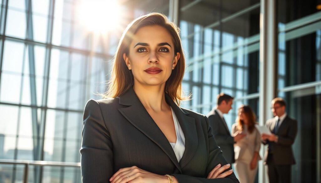 A confident and composed woman in a tailored business suit stands at the forefront of a modern glass and steel banking headquarters. Sunlight streams through the towering windows, casting a warm glow on her determined expression. Behind her, a team of professionals engaged in discussions, exemplifying the collaborative and innovative spirit of the institution. The scene conveys a sense of power, expertise, and a vision for the future of the banking industry, embodied by this trailblazing female leader.