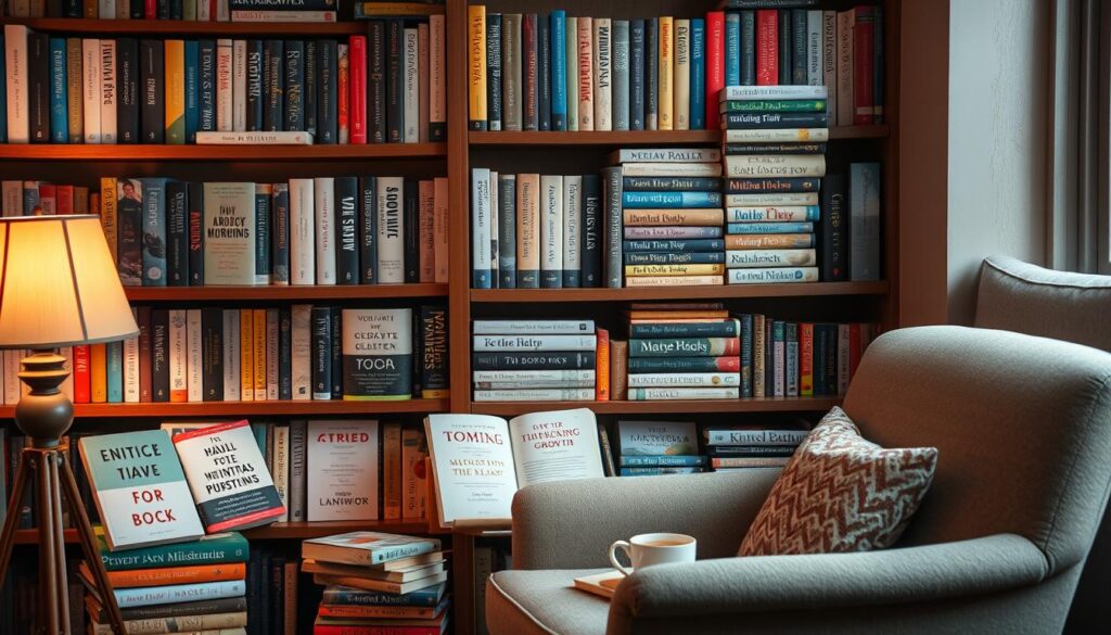 A cozy study filled with a collection of self-help and personal growth books, their spines showcasing an array of titles on mental health, mindfulness, and life improvement. The books are arranged tastefully on wooden shelves, complemented by a plush armchair, a warm lamp, and a cup of tea, creating an inviting atmosphere for quiet contemplation and introspection. The lighting is soft and diffused, casting a comforting glow throughout the space, and the camera angle captures the scene from a slightly elevated perspective, giving a sense of warmth and serenity.