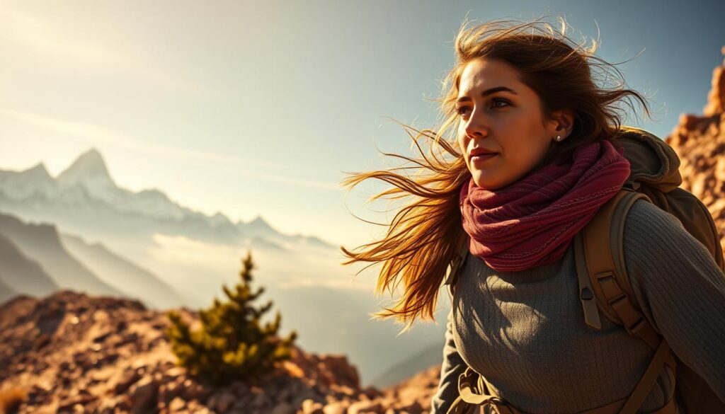 A determined Arab woman climber ascends a rugged mountain trail, her gaze fixed on the distant summit. Warm sunlight casts a golden glow, illuminating her determined expression and the wind-swept landscape. In the middle ground, small clusters of hardy evergreens cling to the rocky slopes, while the background reveals majestic snow-capped peaks piercing the azure sky. The scene evokes a sense of personal journey, resilience, and the pursuit of lofty ambitions against the grandeur of the natural world.