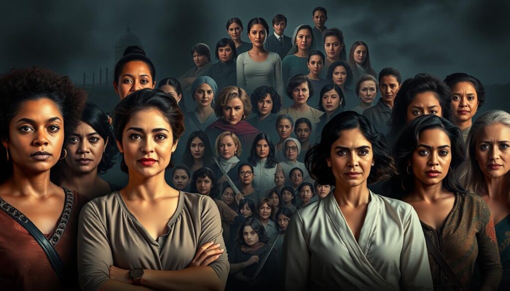 A diverse ensemble of female film characters in a striking cinematic composition. In the foreground, a powerful group of women from various backgrounds and cultures - a determined activist, a cerebral scientist, a fierce warrior, a compassionate caregiver - stand tall and proud, their expressions radiating strength, resilience and purpose. The middle ground showcases a collage of iconic heroines, from historical figures to fictional protagonists, each with their own captivating narratives. The background is a moody, atmospheric setting, hinting at the dramatic, transformative stories that unfold on the silver screen. Dramatic lighting casts dramatic shadows, emphasizing the characters' conviction and complex inner lives. Captured through a cinematic lens, this image celebrates the multifaceted, inspiring women who have graced the silver screen and empowered audiences worldwide.