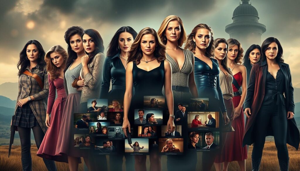 A group of iconic female film characters, each with a distinct personality and empowering presence, standing tall in a cinematic landscape. In the foreground, a diverse ensemble of heroines, their expressions conveying strength, determination, and a commanding presence. In the middle ground, a collage of memorable movie scenes, each frame a testament to the characters' resilience and impact. The background is a dreamlike, ethereal setting, with subtle lighting and a sense of artistic flair, creating an atmosphere that celebrates the enduring legacy of these cinematic icons.
