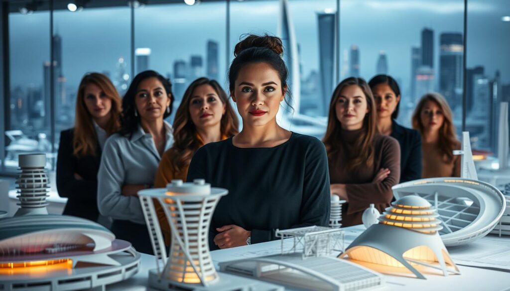 A group of women architects stand proudly amidst a showcase of their futuristic designs. In the foreground, they are captured in a dramatic, cinematic lighting, their faces illuminated with a sense of purpose and determination. The middle ground features intricate architectural models and blueprints, hinting at the innovative, visionary nature of their work. In the background, a sleek, modern cityscape unfolds, reflecting the impact and influence of their revolutionary designs. The scene exudes a palpable sense of progress, empowerment, and a break from traditional boundaries, capturing the inspirational journey of these pioneering women in architecture.