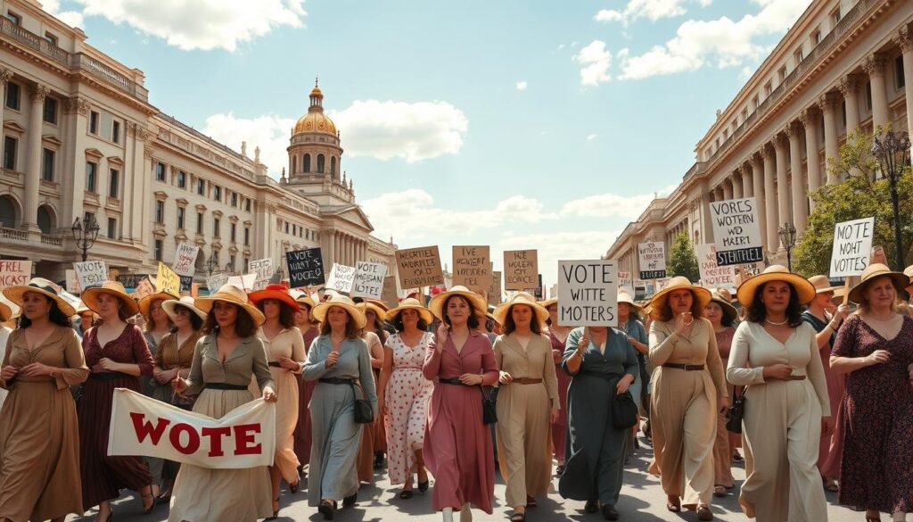 A large, vibrant crowd of determined women in long dresses and wide-brimmed hats, marching together with banners and signs, against a backdrop of grand 19th-century architecture and a bright, sun-dappled sky. The women's faces are filled with purpose and resolve, their steps synchronized as they collectively demand the right to vote, the hallmark of the 19th Amendment Suffrage Movement. The scene conveys a sense of historic momentum, the air charged with a spirit of civic empowerment and the promise of a more equitable future.