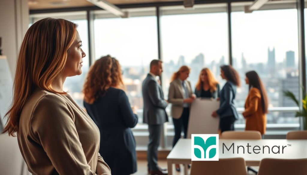 A modern, well-lit office setting with a professional woman in the foreground, engaged in a mentorship discussion with another woman. The middle ground features a diverse group of professionals in various stages of their careers, clustered around a whiteboard or table, collaborating and sharing insights. The background showcases a panoramic city skyline, conveying a sense of urban energy and opportunity. The lighting is warm and inviting, creating a atmosphere of growth, support, and mutual empowerment. Subtle, tasteful branding elements suggest the mentorship program or organization hosting the event.