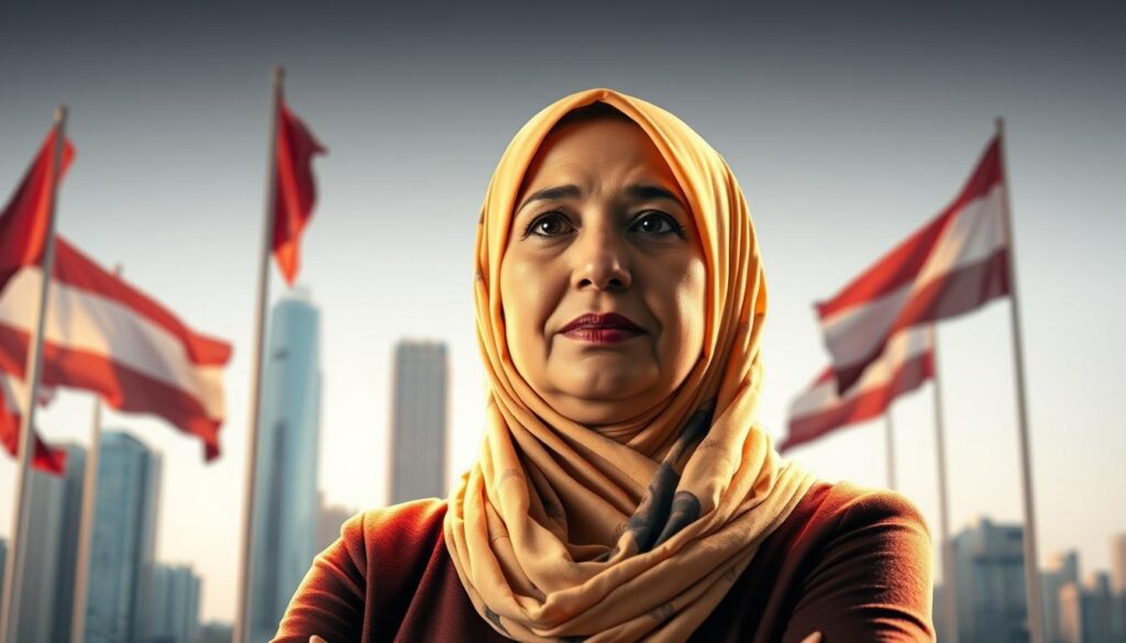 A portrait of Tawakkol Karman, a Nobel Peace Prize laureate, standing confidently against a backdrop of rippling flags and a cityscape of skyscrapers. Her expression is resolute, reflecting her unwavering dedication to human rights and democracy. The soft, warm lighting illuminates her face, casting a glow that symbolizes her role as a global beacon of hope. The composition is balanced, with Karman's figure occupying the central foreground, surrounded by the visual cues of her international influence and impact. The overall atmosphere conveys a sense of power, purpose, and the transformative change Karman has sparked through her activism.
