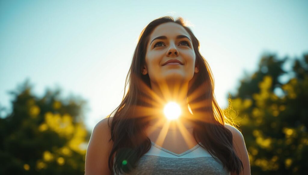 A resilient woman stands tall, her gaze forward, exuding an aura of determination and inner strength. Warm sunlight bathes her face, casting a radiant glow that reflects her optimistic spirit. In the background, lush greenery and a tranquil blue sky convey a sense of harmony and renewal. The composition is balanced, with the woman occupying the central focus, surrounded by an atmosphere of tranquility and hope. The lighting is soft, with subtle shadows accentuating the contours of her face, highlighting her resolute expression. The overall tone is one of empowerment, resilience, and the power of a positive mindset.