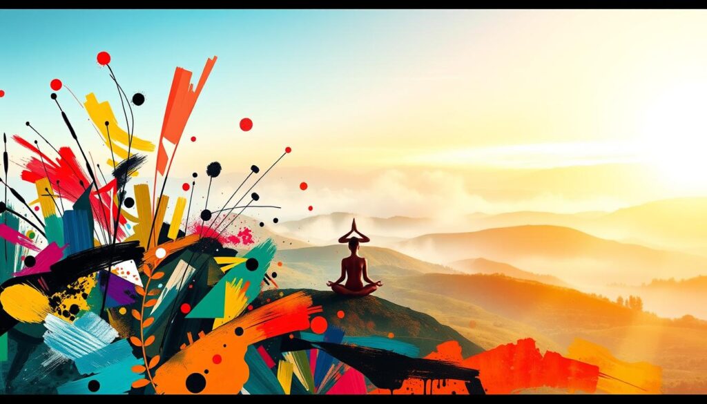A vibrant abstract composition depicting the journey of personal growth and artistic self-expression. In the foreground, a dynamic arrangement of brushstrokes, colors, and geometric shapes symbolizing the creative process. In the middle ground, a figure in a meditative pose, representing the introspective aspects of growth. The background features a soft, ethereal landscape with hints of nature's beauty, evoking a sense of calm and inner harmony. Lighting is warm and diffused, creating an atmosphere of inspiration and self-discovery. The overall scene conveys a harmonious balance between the outward creative expression and the inward personal transformation.