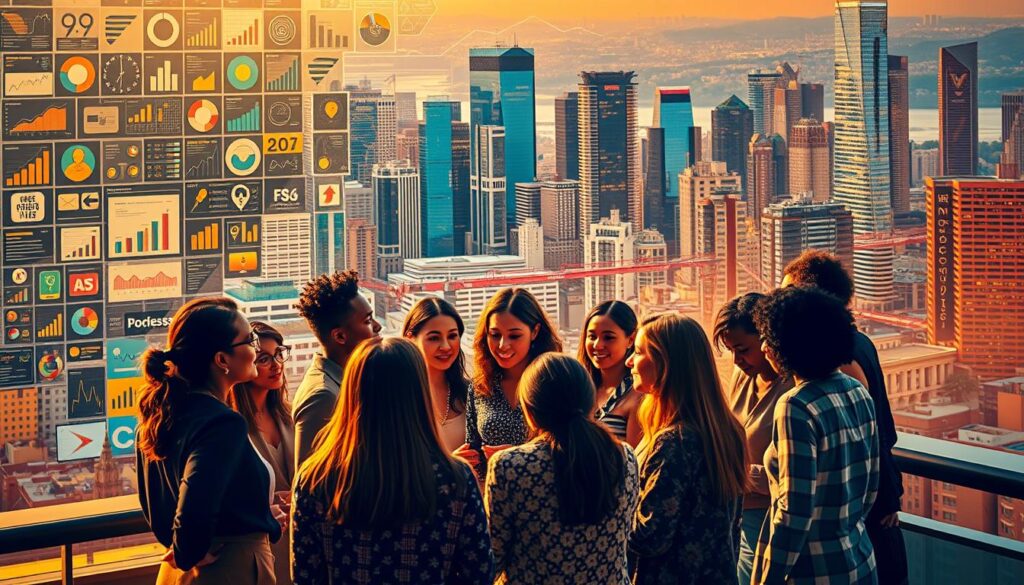 A vibrant, bustling ecosystem of diverse women in business, captured through a cinematic lens. In the foreground, a group of confident, collaborative entrepreneurs brainstorming ideas, surrounded by a mosaic of inspirational visuals - charts, graphs, and digital displays showcasing their progress. In the middle ground, mentors and investors engage in animated discussions, guiding and supporting the next generation of female leaders. The background is a dynamic cityscape, reflecting the energy and dynamism of the entrepreneurial landscape, with skyscrapers, coworking spaces, and innovation hubs forming a backdrop to this empowering scene. Warm, golden lighting casts a glow over the entire composition, conveying a sense of optimism, growth, and empowerment.