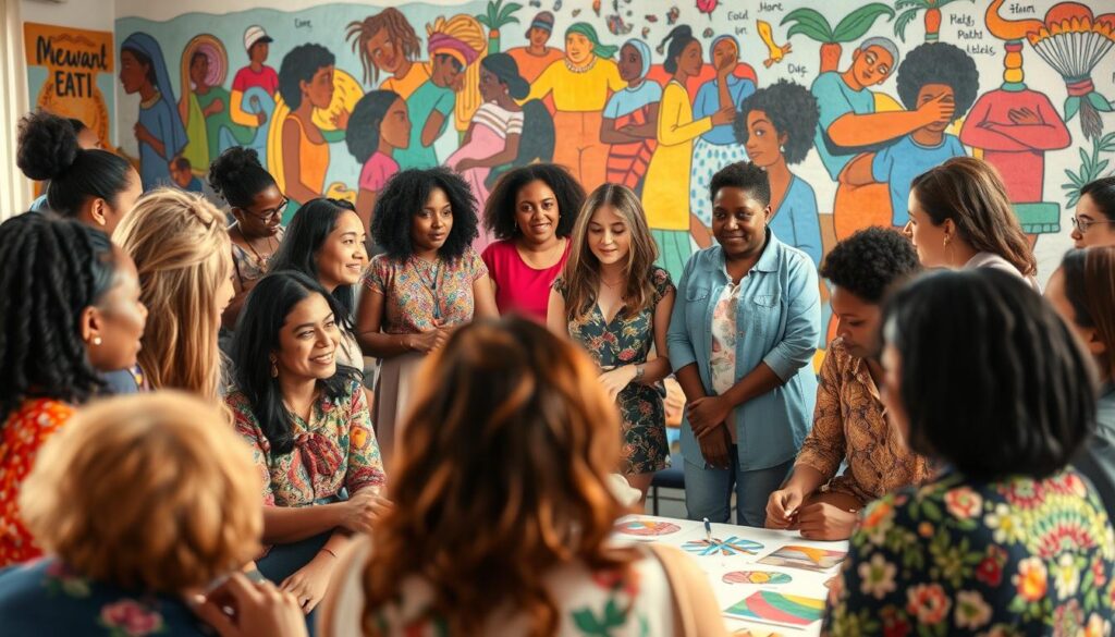 A vibrant community gathering, with women of diverse backgrounds leading creative workshops and collaborative initiatives. The foreground features a circle of participants engaged in an interactive art project, their faces alight with inspiration. In the middle ground, a team of leaders guide discussions, their body language exuding confidence and empowerment. The background showcases a colorful mural, depicting a mosaic of cultures and shared experiences. Soft, warm lighting casts a gentle glow, fostering an atmosphere of unity, learning, and community-driven progress. The scene captures the essence of bridging leadership, creativity, and grassroots empowerment.