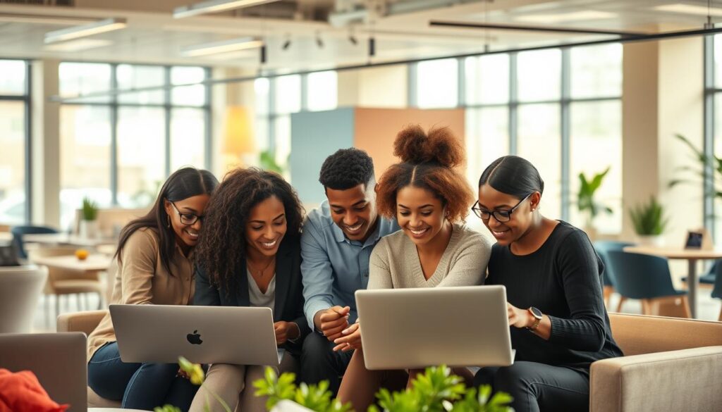 A vibrant, diverse group of professionals engaged in dynamic mentorship, set against a backdrop of a modern, inclusive office environment. In the foreground, individuals from various backgrounds huddle over laptops, exchanging ideas and guidance. Soft, warm lighting illuminates the scene, creating an atmosphere of collaboration and support. In the middle ground, a mix of formal and casual seating areas encourage organic interactions, while the background features sleek, minimalist decor and large windows that flood the space with natural light, symbolizing an open and transparent work culture. The overall impression is one of a thriving, equitable mentorship program that empowers and uplifts a diverse workforce.