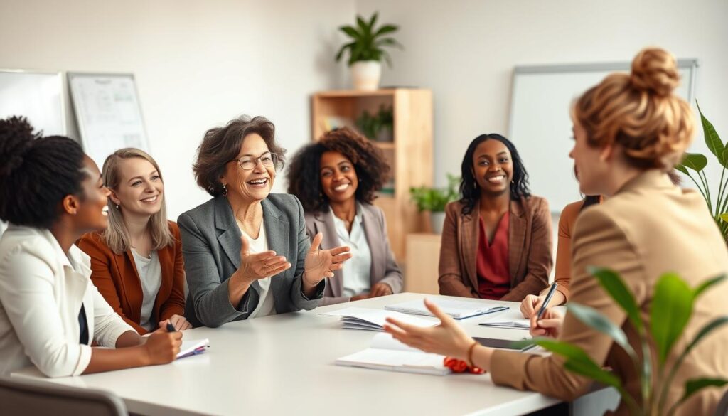 A warm and inviting office setting, with a group of diverse women gathered around a conference table, engaged in an animated discussion. The lighting is soft and natural, creating a sense of openness and collaboration. In the foreground, a seasoned woman in a blazer is gesturing enthusiastically, her face alight with a warm smile as she shares her wisdom and experience with the attentive group. The middle ground features a mix of women of varying ages and backgrounds, some taking notes, others nodding in agreement. The background showcases a bookshelf, a whiteboard, and potted plants, giving the scene a professional yet nurturing atmosphere. The overall mood is one of empowerment, support, and mutual understanding, reflecting the essence of a successful women's mentorship program.