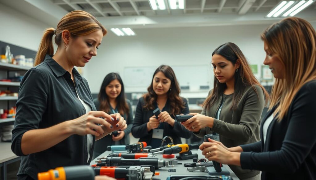 A well-lit classroom setting with a female instructor guiding a group of women in hands-on technical training activities. The foreground shows the instructor's hands demonstrating the use of various tools and equipment, with the trainees' hands following along. The middle ground captures the trainees' faces, expressions of focus and determination as they learn. The background depicts a modern, well-equipped workshop environment with workbenches, shelves of supplies, and educational posters on the walls, conveying a sense of professionalism and skill development. The overall scene radiates an atmosphere of empowerment, education, and practical application of technical skills.