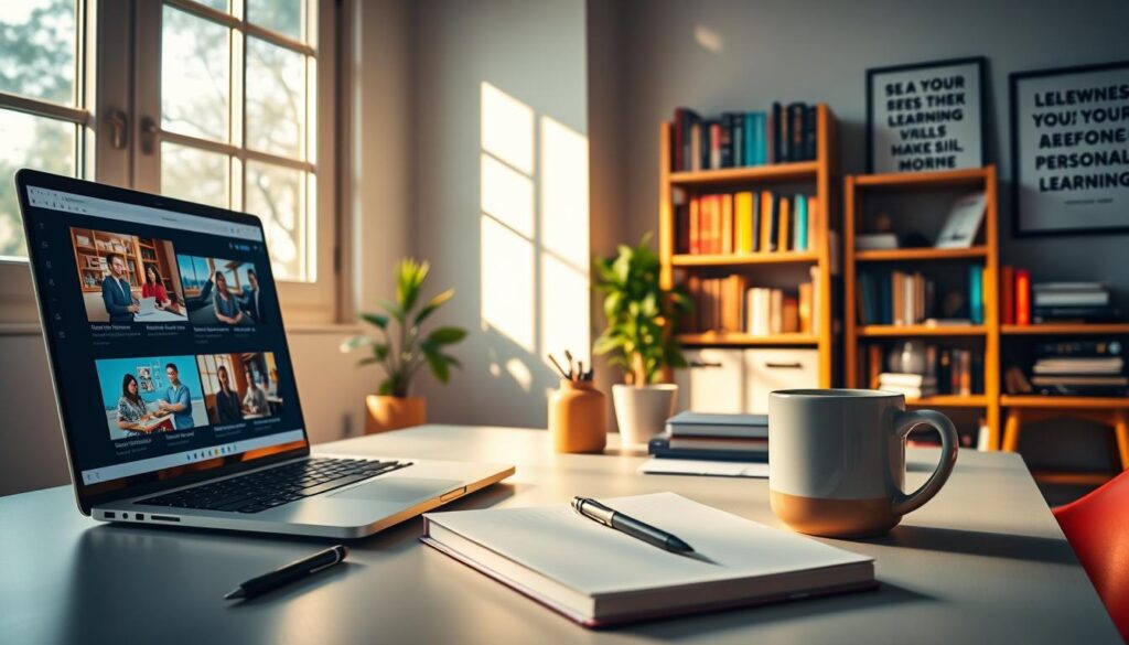 A well-lit, crisp digital workspace with various online learning courses displayed on a laptop screen. Warm natural lighting filters through the window, casting a cozy glow over the scene. In the foreground, an open notebook, a pen, and a mug of steaming coffee suggest an engaged, focused learner. The middle ground features a clean, minimalist desk with a potted plant and organizational supplies, conveying a sense of productivity and self-improvement. In the background, a bookshelf filled with volumes on personal development and a framed inspirational quote complete the scene, emphasizing the theme of lifelong learning and growth.