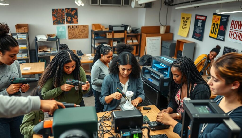 A well-lit, high-angle shot of a diverse group of women engaged in hands-on skills development activities. In the foreground, female students diligently working with power tools, circuits, and 3D printers, their faces focused and determined. In the middle ground, an instructor guiding and demonstrating techniques, their interactions energetic and collaborative. The background features a modern, well-equipped workshop setting with various workbenches, shelves of supplies, and inspirational posters on the walls, conveying a sense of innovation and opportunity. The overall mood is one of empowerment, as the women learn valuable technical skills that will prepare them for rewarding careers.