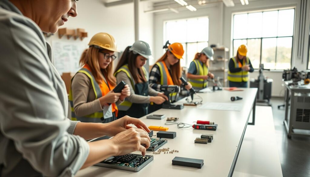 A well-lit, high-resolution photograph showcasing hands-on technical training for a diverse group of women. The foreground features a close-up of a woman's hands intricately assembling an electronic circuit board on a clean, modern workbench. In the middle ground, several women in safety gear operate various power tools and machinery, guided by an instructor. The background depicts a bright, spacious workshop environment with large windows, technical diagrams, and shelves of materials, conveying a sense of focus, learning, and empowerment.