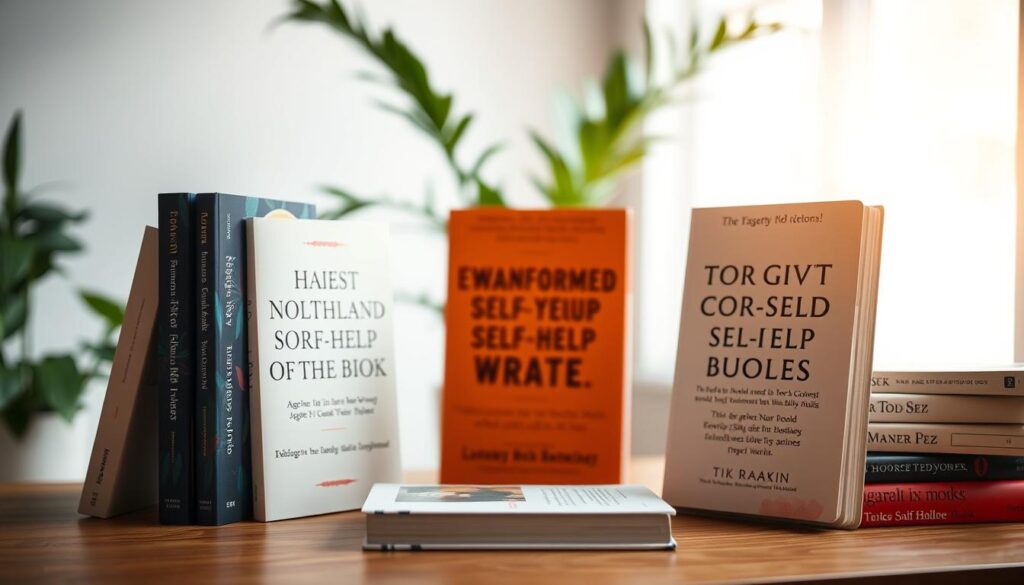 A well-lit, inspirational still life scene showcasing a collection of transformative self-help books. In the foreground, several hardcover books with empowering titles are arranged artfully, their spines facing the camera. Soft, warm lighting from above casts a gentle glow, lending an air of introspection and growth. The middle ground features a minimalist wooden table or desk, providing a simple, uncluttered backdrop. In the background, a blurred, serene natural setting such as a lush green plant or a window with soft, diffused light. The overall scene evokes a sense of personal empowerment, wisdom, and the transformative potential of the featured literary works.