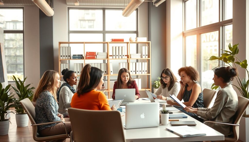 A well-lit office interior with an inviting, professional atmosphere. In the foreground, a diverse group of female entrepreneurs sitting around a modern conference table, deep in discussion and examining various business documents and laptops. The middle ground features a shelf filled with books, binders, and other entrepreneurial resources. In the background, large windows allow natural light to flood the space, creating a sense of openness and opportunity. Subtle, warm-toned lighting complements the décor, conveying a mood of empowerment and collaboration.