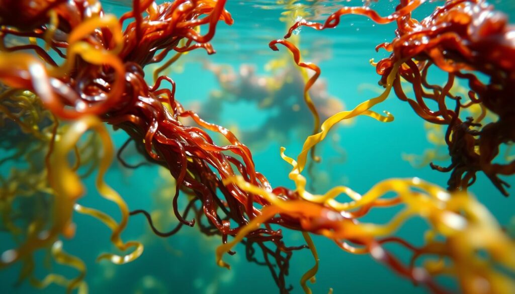 Detailed close-up shot of an assortment of fresh, vibrant seaweed floating in clear, calm ocean water. The seaweed strands are illuminated by soft, diffused natural lighting from above, highlighting their rich, varied colors and textures. The background is blurred, creating a sense of depth and focus on the seaweed. The composition draws the viewer's eye to the center, showcasing the nutritional benefits of the seaweed, such as its high concentration of vitamins, minerals, and antioxidants that are essential for a healthy pregnancy. Captured with a macro lens to emphasize the intricate details of the seaweed.