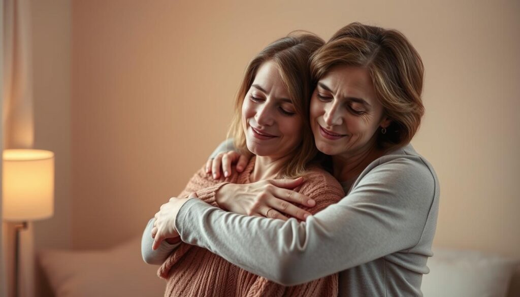 Empathetic and compassionate embrace between two women, set against a warm, soft-lit, intimate setting. The foreground features a tender, intimate connection as the women gently hold each other, expressions conveying understanding and care. The middle ground highlights the women's body language - open, welcoming, protective. The background has a dreamlike, serene quality, with muted colors and a sense of safety and comfort. Lighting is diffused, almost glowing, creating a sense of tranquility and emotional resonance. The overall atmosphere evokes the qualities of a great woman - nurturing, emotionally attuned, and devoted to meaningful relationships.