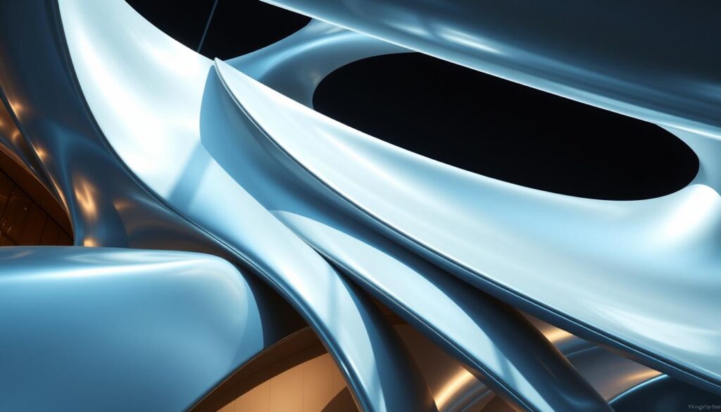 Innovative architectural materials showcasing Zaha Hadid's futuristic designs. An avant-garde composition featuring sleek, sinuous forms sculpted from glossy, iridescent materials that shimmer under dramatic lighting. Sweeping curves and intersecting planes of polished metals, translucent panels, and lightweight composite structures create a mesmerizing, almost alien-like aesthetic. The scene is bathed in a cool, bluish-white luminance, casting sharp shadows that accentuate the dynamism and complexity of the architectural elements. Captured from a low, dramatic angle to heighten the sense of scale and visual impact, this image evokes the pioneering vision and innovative spirit that defined Zaha Hadid's pioneering work.