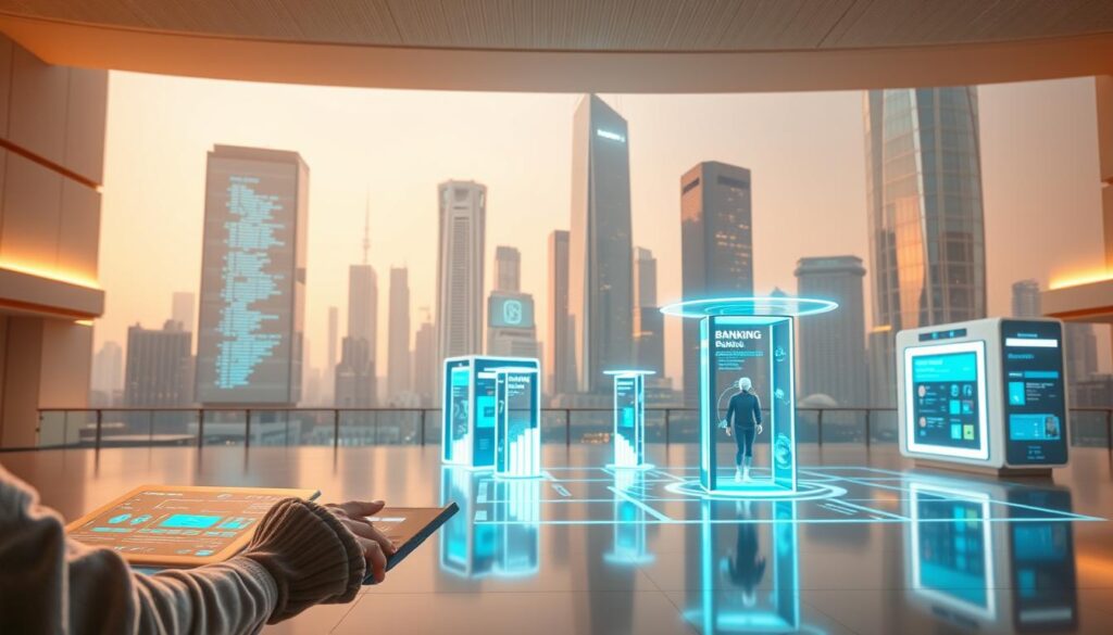 Prompt A futuristic digital banking landscape, showcasing innovative financial technologies. In the foreground, a sleek, minimalist banking interface with smooth touchscreen interactions and data visualizations, conveying efficiency and seamless user experience. The middle ground features a cluster of holographic banking kiosks, projecting financial information and offering personalized services. In the background, a cityscape of towering glass skyscrapers, their facades adorned with dynamic digital screens, radiating a sense of progress and technological advancement. Warm, diffused lighting creates an inviting, modern atmosphere, while a subtle glow emanates from the holographic elements, suggesting the integration of cutting-edge banking innovations.
