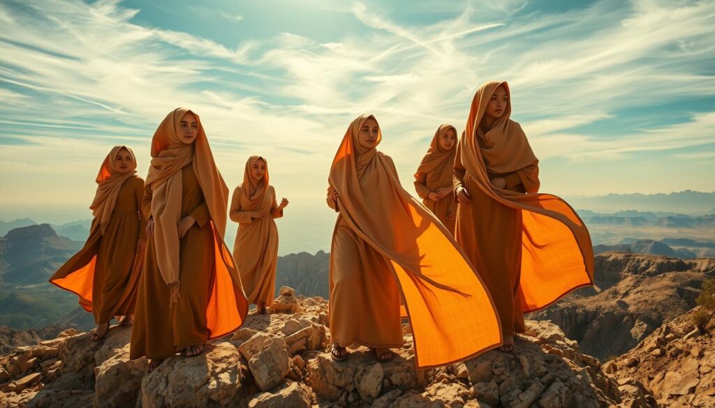 Prompt A group of confident, poised Arab women in traditional garments atop a rugged, sun-drenched mountain landscape, gazing out with determination and a sense of adventure. In the foreground, their flowing robes and hijabs catch the warm, golden light, creating a sense of movement and dynamism. The middle ground features a dramatic, rocky terrain with stunning vistas stretching into the distance. In the background, a vast, azure sky with wispy clouds completes the scene, evoking a feeling of boundless possibility and inspiration. Captured with a cinematic, wide-angle lens, the image radiates a powerful, empowering atmosphere of female leadership and exploration.