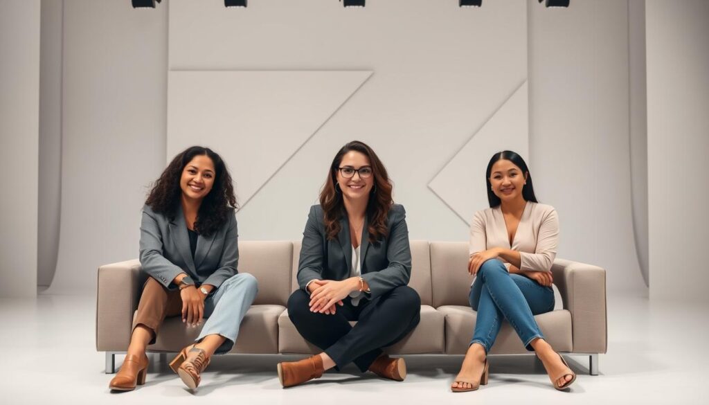 A brightly lit studio setting, with a clean and modern aesthetic. In the foreground, three diverse and accomplished female entrepreneurs sit comfortably, their confident expressions and poised demeanors suggesting their success stories. The middle ground features a minimalist backdrop, with clean lines and geometric shapes in a neutral color palette, creating a sleek and sophisticated atmosphere. The background is softly blurred, allowing the subjects to be the focal point, showcasing their innovative achievements and inspiring presence. Soft, directional lighting illuminates the scene, casting subtle shadows and highlights that accentuate the subjects' features and the overall sense of professionalism and success.