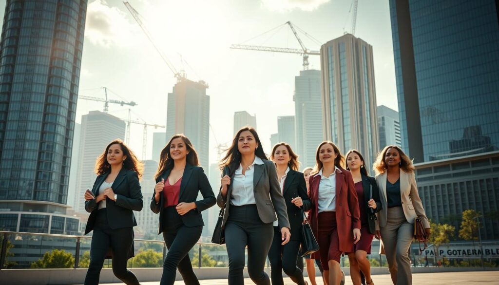 A bustling city landscape with towering skyscrapers and cranes in the background, symbolizing economic growth. In the foreground, a diverse group of empowered women stride purposefully, their expressions radiating confidence and determination. They are dressed in professional attire, suggesting their roles in the workforce. Sunlight streams through the buildings, casting a warm, optimistic glow over the scene. The composition emphasizes the women's agency and their active participation in the thriving economy, highlighting the positive impact of economic empowerment on gender equality.