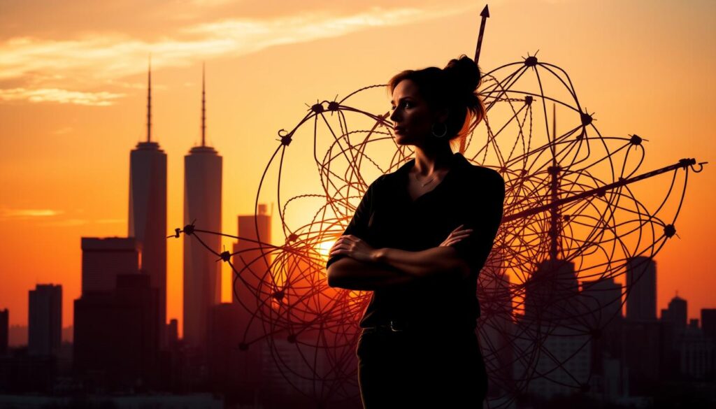 A bustling city skyline at sunset, with the silhouettes of skyscrapers against an orange-hued sky. In the foreground, a female entrepreneur stands tall, her determined gaze facing the challenges of scaling her startup. Behind her, a chaotic web of obstacles - tangled ropes, thorns, and rising barriers - symbolize the daunting hurdles she must overcome. Rays of light pierce through the chaos, hinting at the opportunities and solutions that await. The scene conveys the resilience, perseverance, and innovative spirit required to navigate the complexities of growing a women-led startup in a dynamic, competitive landscape.