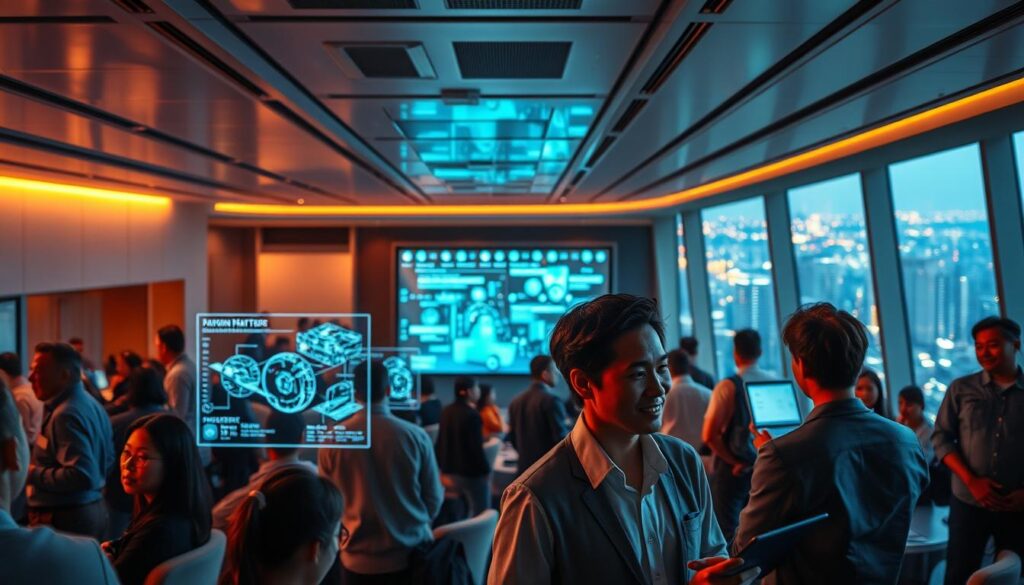 A bustling, futuristic training center bathed in warm, ambient lighting. In the foreground, a group of professionals engage in interactive exercises, their faces filled with determination and curiosity. The middle ground features state-of-the-art holographic displays, projecting intricate data visualizations and simulations. In the background, a panoramic window offers a breathtaking view of a gleaming, high-tech cityscape. The atmosphere exudes a sense of innovation, collaboration, and a steadfast commitment to shaping the future of professional development.