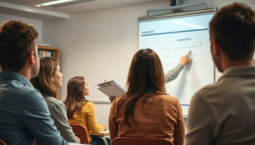 A classroom setting with a teacher standing at the front, surrounded by attentive students. The teacher is holding a clipboard and pointing to a whiteboard displaying a chart or graph, indicating the assessment of learning outcomes. Soft, diffused lighting illuminates the scene, creating a warm, educational atmosphere. In the background, shelves of textbooks and learning materials are visible, suggesting a well-equipped learning environment. The composition emphasizes the collaborative nature of the learning process, with the teacher and students engaged in the evaluation of course effectiveness.