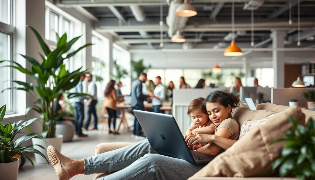 A cozy and inviting office space, filled with natural light and vibrant greenery. In the foreground, a mother nestled on a comfortable couch, cradling her young child as she types on a laptop, embodying the balance of work and family. In the middle ground, a diverse group of employees engaged in lively discussion, their expressions relaxed and collaborative. The background reveals an open floor plan with ergonomic workstations, encouraging movement and productivity. Soft, muted tones create a calming atmosphere, while strategic lighting and warm accents evoke a sense of warmth and inclusion.