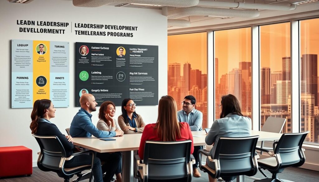 A cozy, modern office setting with a large wall display showcasing various leadership development programs. In the foreground, a diverse group of professionals engaged in collaborative discussion, their facial expressions conveying a sense of focus and determination. The middle ground features a sleek, minimalist conference table surrounded by ergonomic chairs, creating an inviting atmosphere for interactive workshops. The background depicts large windows overlooking a bustling city skyline, bathed in warm, natural lighting that filters through the space. The overall scene exudes a sense of professionalism, innovation, and empowerment, perfectly capturing the essence of customized leadership development programs.