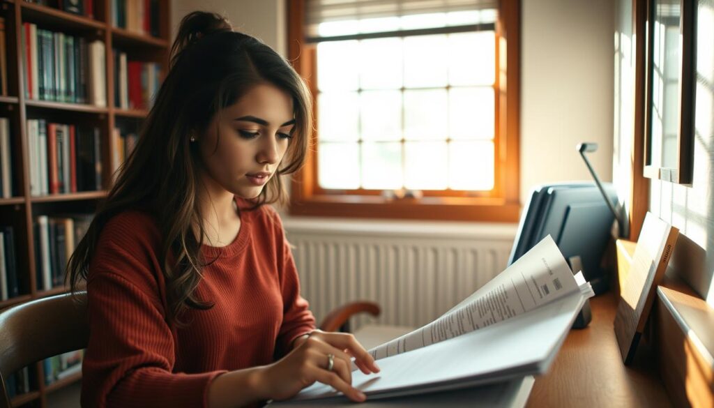 A cozy, well-lit study nook with a wooden desk and bookshelves in the background. In the foreground, a young woman sits at the desk, intently examining course catalogs and enrollment forms, her brow furrowed in concentration. Soft, natural lighting filters through a nearby window, casting a warm glow across the scene. The overall atmosphere is one of focused productivity and thoughtful decision-making, reflecting the "Navigating Course Selection and Enrollment" theme.