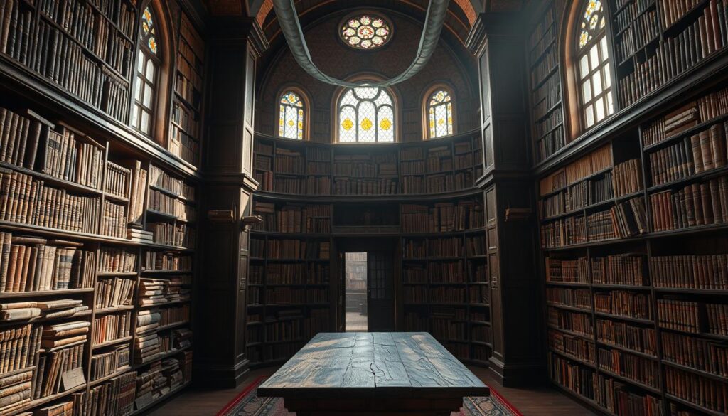 A dimly lit ancient library, its walls adorned with towering shelves housing centuries-old manuscripts. Sunlight filters through stained glass windows, casting a warm, ethereal glow upon the leather-bound tomes. In the center, a sturdy oak table stands, inviting scholars to delve into the rich tapestry of knowledge preserved within these hallowed halls - a testament to the enduring legacy of Fatima al-Fihri, whose vision for education continues to inspire and shape the global pursuit of learning.