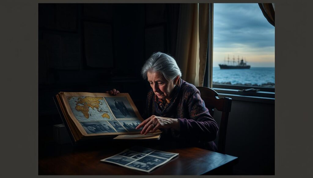 A dimly lit room, its walls adorned with maps and weathered documents, casts a pensive glow upon an elderly woman seated at a wooden desk. She pores over a tattered family album, her fingers tracing the faded photographs that chronicle the journeys of her ancestors - a tapestry of migration, hope, and resilience. In the background, a faint silhouette of a ship slowly makes its way across a distant horizon, a reminder of the arduous voyages that have shaped the family's legacy. The scene evokes a sense of contemplation and reverence for the rich history that has led to the present, setting the stage for the remarkable life and influence of Fatima al-Fihri.