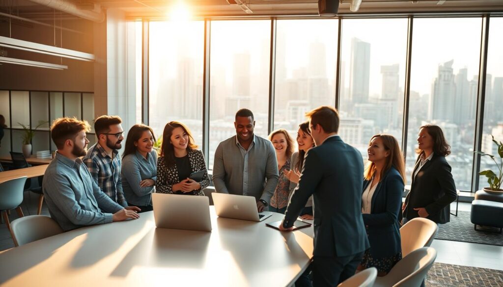 A diverse group of tech professionals collaborating in a vibrant, modern workspace. In the foreground, a team of men and women from various backgrounds are engaged in animated discussions around a sleek, minimalist conference table, their faces lit by soft, flattering overhead lighting. In the middle ground, a mix of open workspaces and informal seating areas create a dynamic, flexible environment that encourages creativity and idea-sharing. The background features large windows overlooking a bustling city skyline, bathed in warm, golden-hour sunlight that fills the space with an energetic, optimistic atmosphere. The overall scene conveys a sense of inclusivity, innovation, and a collaborative, forward-thinking tech community.