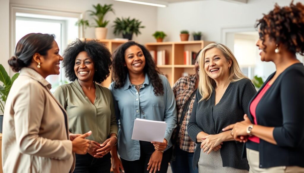 A group of confident, diverse women standing together, sharing their success stories. The foreground features three women of different ages and backgrounds, smiling and gesturing animatedly as they engage in conversation. The middle ground showcases two more women, one leaning in intently, the other nodding with enthusiasm. In the background, a warm, inviting office setting with bookshelves, potted plants, and natural lighting creates a professional yet encouraging atmosphere. The overall mood is one of inspiration, empowerment, and a sense of community, capturing the essence of a leadership training program for women.