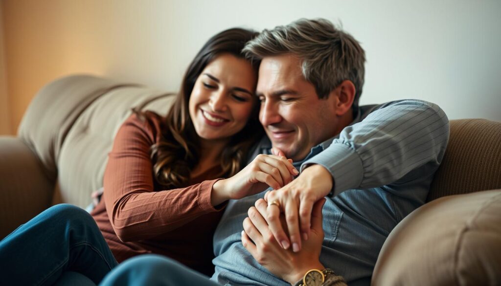 A happily married couple sitting together on a plush couch, the woman leaning comfortably against her partner's side. Their expressions convey a sense of intimacy, care, and contentment. Soft, warm lighting illuminates their faces, creating a cozy, romantic atmosphere. The image focuses on their intertwined hands, symbolic of the emotional and physical connection between them. The background is slightly blurred, drawing the viewer's attention to the couple's serene, affectionate interaction.