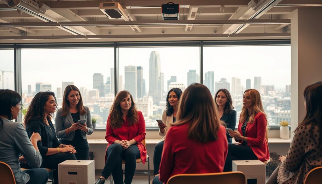 A high-quality, vibrant image of a successful women-led startup funding round. The foreground depicts a group of dynamic, diverse women founders pitching to a panel of attentive, engaged investors. The middle ground shows a collaborative workspace with modern, minimalist decor and charging stations. The background showcases a cityscape of skyscrapers, reflecting the urban entrepreneurial ecosystem. Warm, directed lighting illuminates the scene, creating a mood of ambition, innovation, and empowerment. The overall composition conveys the trailblazing spirit and triumph of women-led businesses.