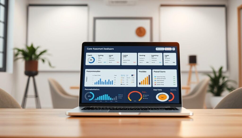 A meticulously designed career assessment dashboard, capturing the essence of professional course selection. In the foreground, a sleek laptop displays a comprehensive assessment interface, with intuitive graphs, charts, and personalized recommendations. Against a backdrop of a minimalist office setting, the image radiates a sense of thoughtful deliberation and strategic decision-making. Soft, directional lighting accentuates the clean lines and modern aesthetic, creating an atmosphere of informed, data-driven guidance for optimal career development.