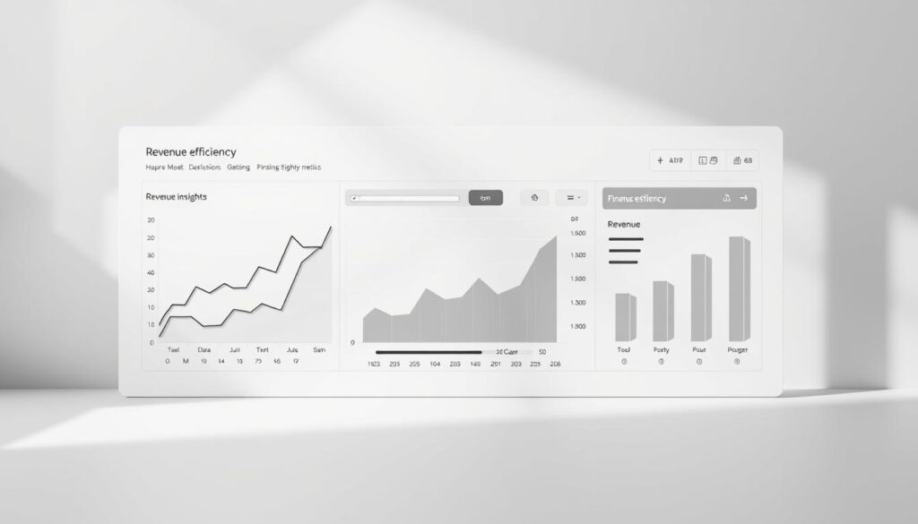 A modern, minimalist data visualization dashboard showcasing key financial insights and revenue efficiency metrics. In the foreground, a trio of elegant line charts and bar graphs depict trends in revenue, growth, and profitability, rendered in a sleek monochrome palette. The middle ground features interactive data sliders and toggles, allowing the viewer to customize the visualization. The background is a muted, abstract geometric pattern in shades of gray, complementing the clean, professional aesthetic. Soft, directional lighting casts subtle shadows, enhancing the depth and dimensionality of the scene. The overall mood is one of clarity, precision, and data-driven decision making.