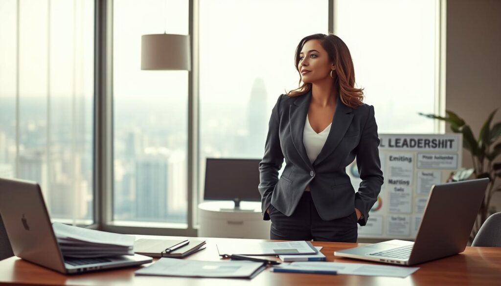 A powerful female executive stands confidently in an airy, sun-drenched office, gazing out a large window overlooking a cityscape. She is dressed in a tailored suit, exuding an air of authority and determination. In the foreground, a desktop features various documents, a laptop, and a vision board displaying her leadership ambitions and career goals. The lighting is soft and warm, creating a sense of focus and inspiration. The background is slightly blurred, emphasizing the woman's central role in the scene. Subtle geometric patterns in the decor and architecture suggest a modern, professional environment that fosters growth and achievement.