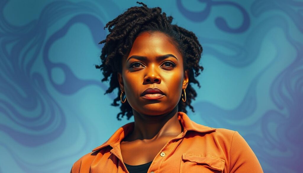A powerful portrait of a strong, determined woman standing tall, her gaze unwavering, symbolizing the unwavering spirit of the women's rights movement. In the foreground, the woman's face is illuminated by warm, natural lighting, conveying a sense of strength and resilience. Behind her, a abstract background of swirling, ethereal shapes and hues in shades of blue and purple, representing the complex and ever-evolving landscape of the fight for gender equality. The composition is balanced and intentional, drawing the viewer's eye to the central figure and her unwavering commitment to the cause. The overall mood is one of empowerment, advocacy, and hope for a more just and equitable future.
