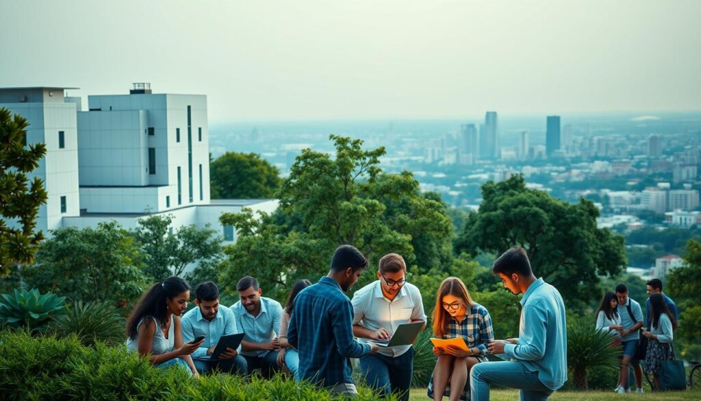A serene, well-lit scene showcasing a variety of online educational institutions and their renowned programs. In the foreground, a cluster of modern, minimalist university buildings with clean, geometric architecture stand tall against a backdrop of lush, gently swaying trees. The middle ground features a diverse group of students, both male and female, engaged in animated discussions, collaborating on laptops, and exploring course materials. Subtle lighting casts a warm, inviting glow, creating a sense of vibrant academic energy. In the distance, a panoramic view of a bustling cityscape serves as a reminder of the global reach and impact of these featured institutions and their transformative educational offerings.
