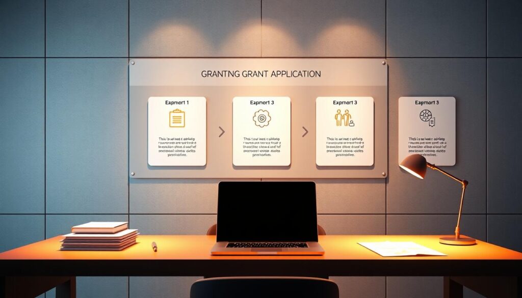 A sleek and modern infographic depicting the step-by-step process of a grant application. In the foreground, an elegant desk with a laptop, pen, and stack of documents, illuminated by warm, focused lighting. Behind it, a minimalist wall display showcases the individual stages of the application process, each represented by a clean, geometric icon. The middle ground features a neutral background with subtle grid lines, creating a sense of organization and structure. The overall atmosphere is professional, streamlined, and informative, guiding the viewer through the grant application journey.