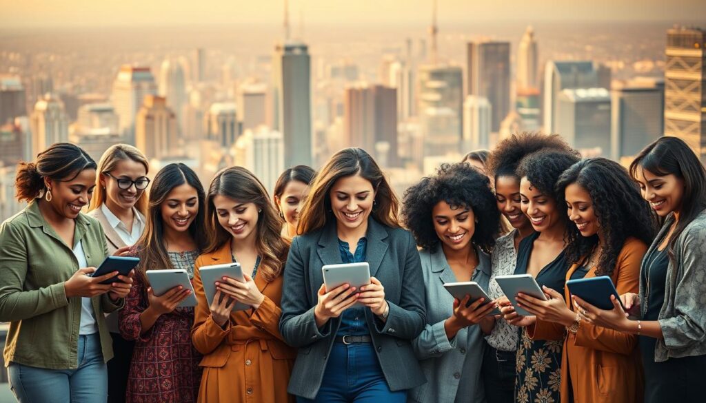 A vibrant and diverse investment landscape, with a central focus on a group of successful women investors and entrepreneurs. In the foreground, a dynamic mix of individuals from different backgrounds, ages, and ethnicities, each holding tablets or smartphones, representing the growth of women-led startups. The middle ground showcases various investment instruments like stocks, bonds, and cryptocurrency, while the background depicts a city skyline, signifying the urban, fast-paced nature of the finance world. The lighting is warm and inviting, with a soft focus to draw the viewer's attention to the central figures. The overall composition conveys a sense of momentum, collaboration, and the economic impact of investing in diversity.